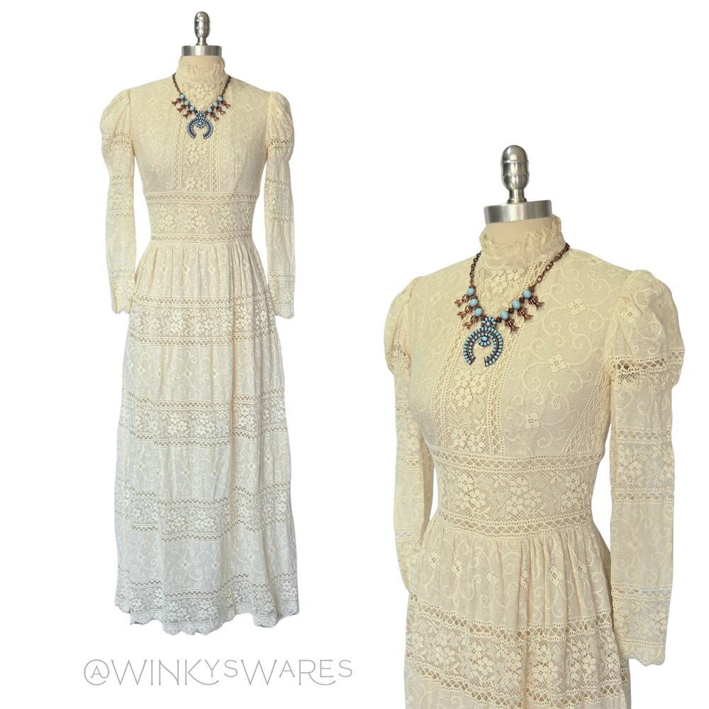 Lanz Prairie Wedding Dress Size S Lace Puff Sleeves Vintage 70s Ivory Edwardian